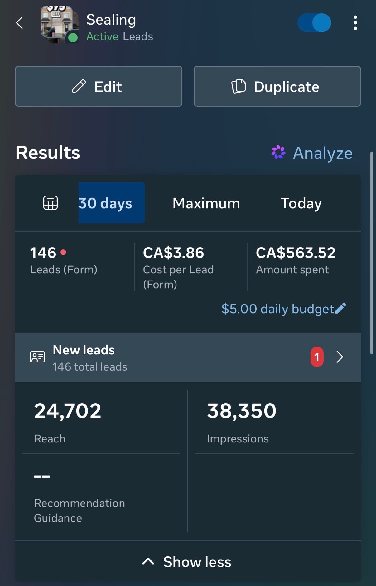 Meta Ads dashboard — real client campaign results