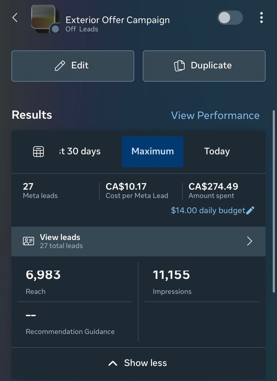 Meta Ads dashboard — real client campaign results